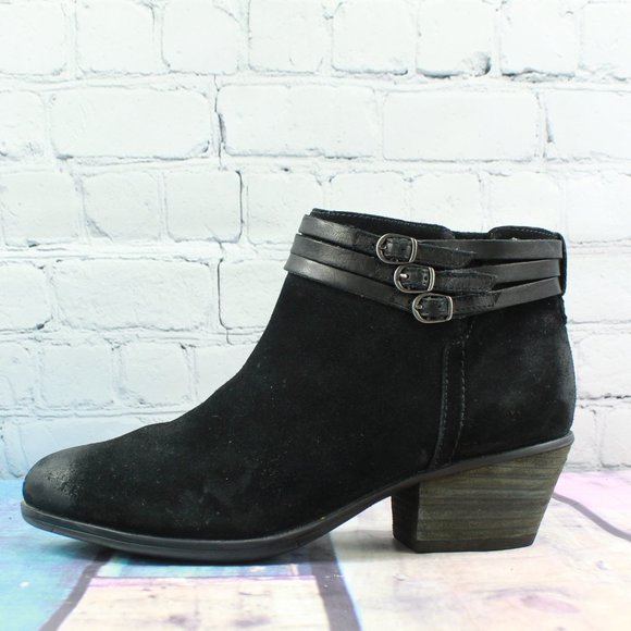 Clarks Shoes - Clarks Black Shine Suede Strappy Side Zipper Ankle Heeled Booties 9.5 M